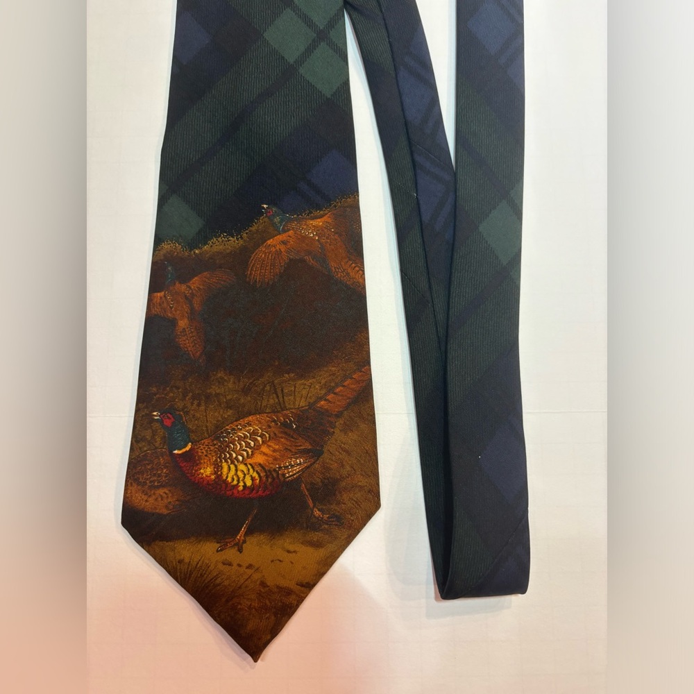 Polo Ralph Lauren Silk Neck Tie Blue And Green Plaid With Pheasants